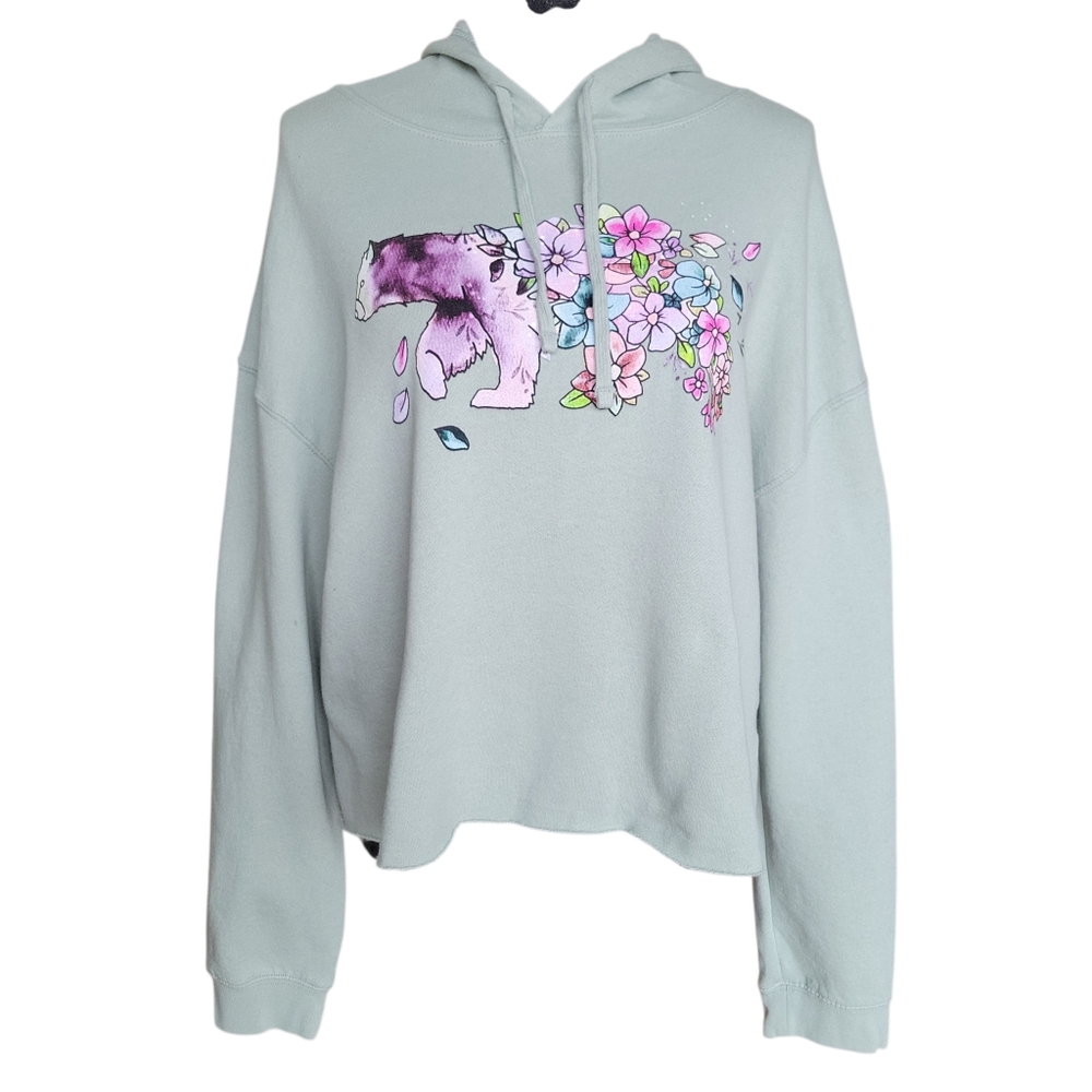 Wild Tribute Teal Floral Bear Graphic "Filled With Love" Crop Sweater Women's XL